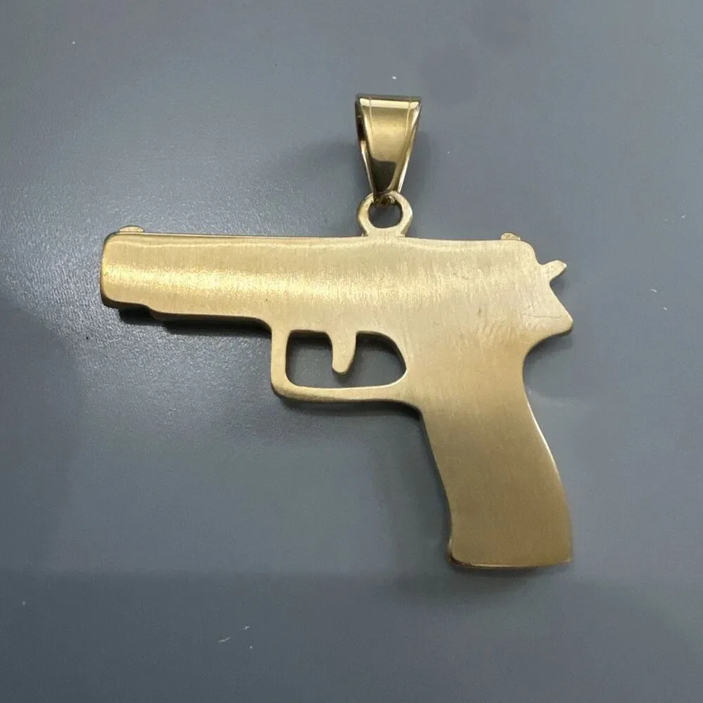 Stainless Steel Pendant Gun Glock Hip Hop Cubic Zirconia 24” Chain Gold Plated